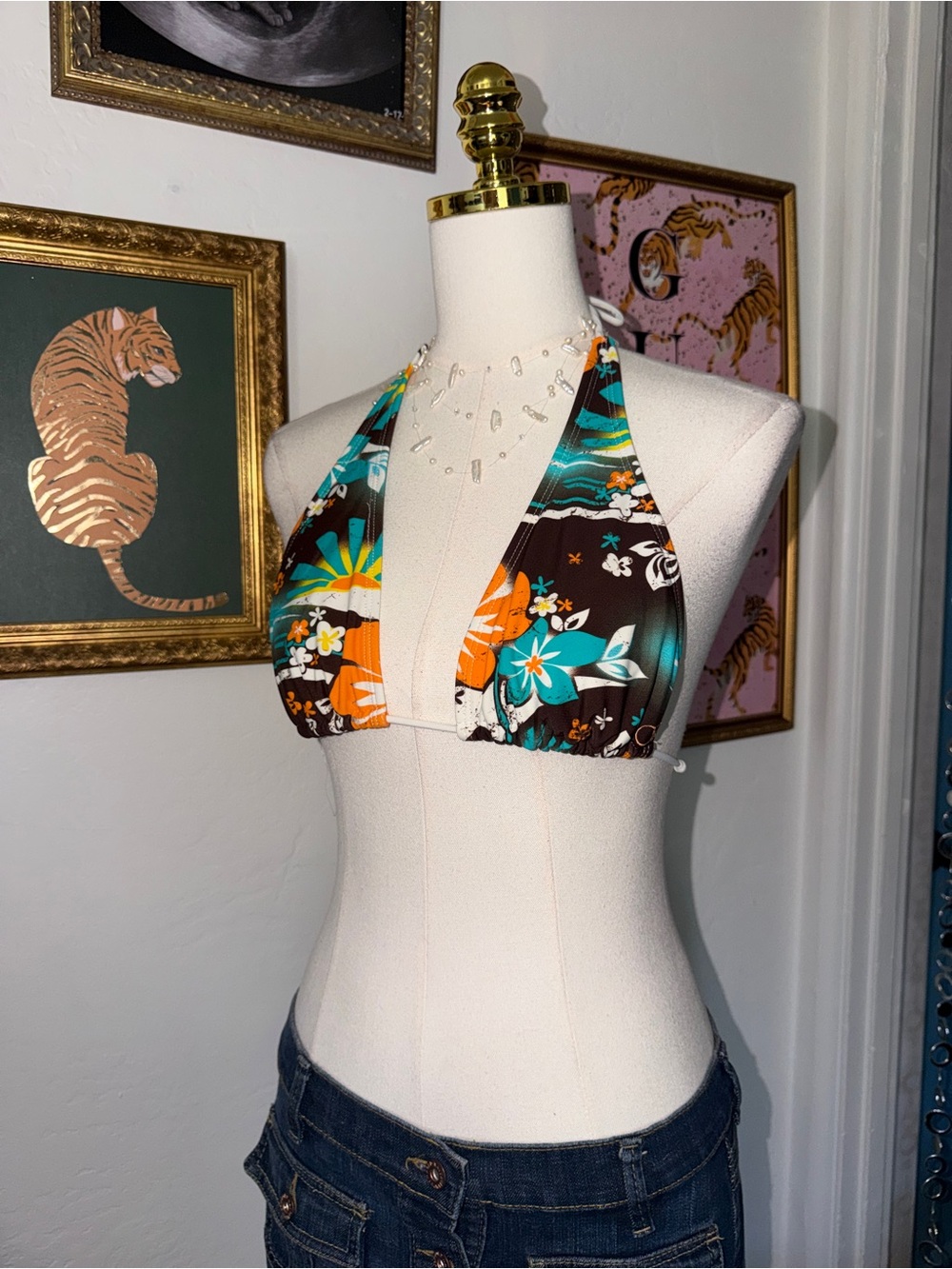 Vintage Y2K Tropical Floral Halter Bikini Top - Brown, Teal & Orange